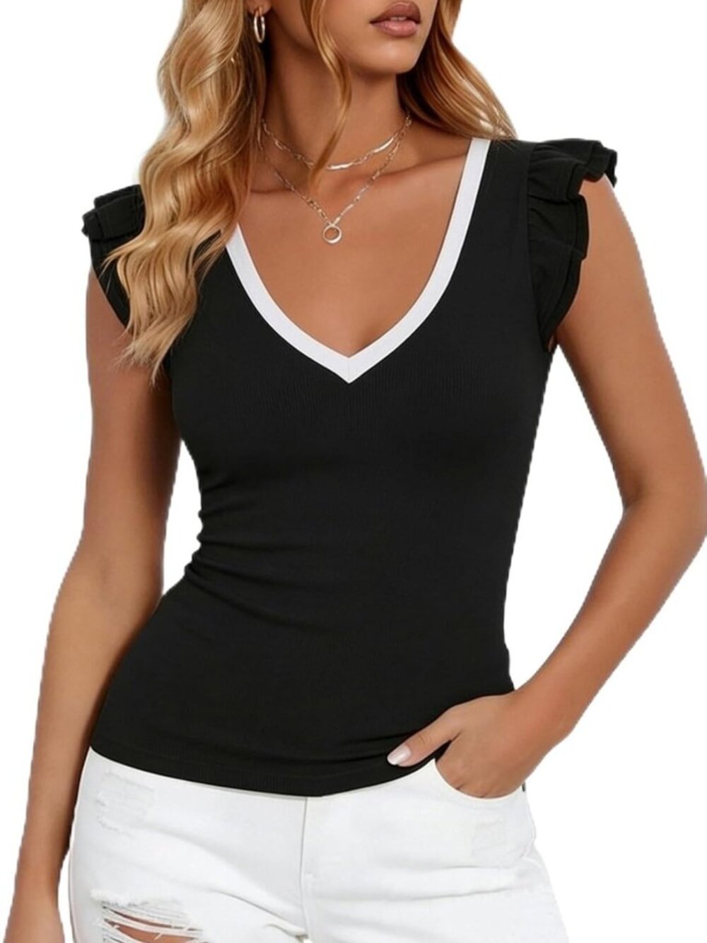 Women's Sexy V-Neck Ruffle Sleeve Summer Top | Slim Fit Casual Blouse